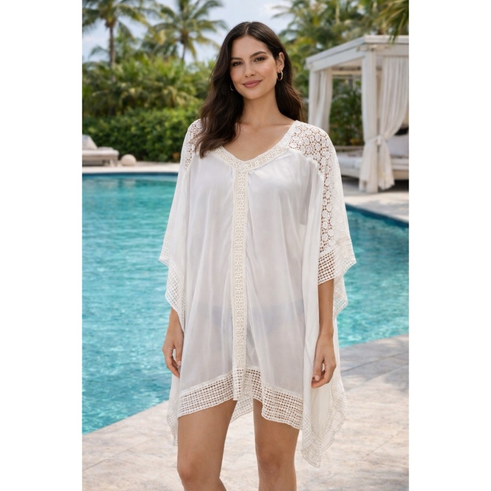 Soft Surroundings Swim Cover Up Crocheted Trim Boxy Lightweight Sz L